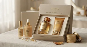 Complete soft amber perfume gift set layout showing the full fragrance and body product collection.