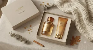 Flat lay styling of a soft amber perfume gift set surrounded by cozy seasonal textures.