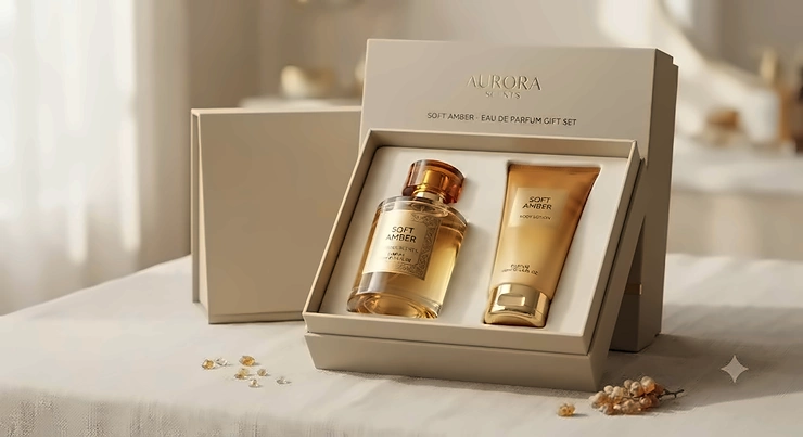 Soft amber perfume gift set displayed in a luxury box on a neutral surface.
