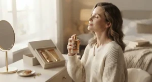 Woman gently applying fragrance from her soft amber perfume gift set in a cozy room.