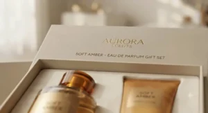 Detailed view of the premium packaging and branding on the soft amber perfume gift set.