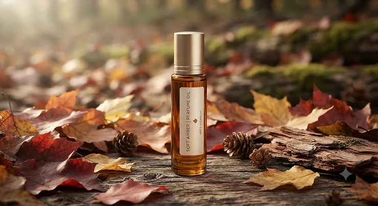 A soft amber rollerball perfume oil glass bottle resting on a rustic cedar wood surface surrounded by autumn leaves, reflecting Canadian nature.