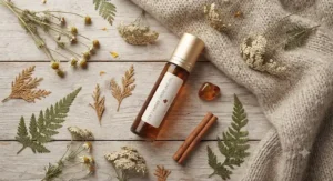 An aesthetic flat lay featuring soft amber rollerball perfume oil, dried wildflowers, and cozy knit fabric.