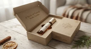 An eco-friendly gift box containing a soft amber rollerball perfume oil, ideal for holiday gifting across Canada.