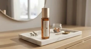 A luxury soft amber rollerball perfume oil displayed neatly on a minimalist marble vanity tray in a modern Canadian home.