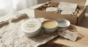 Eco-friendly, recyclable metal packaging for our premium vanilla amber solid perfume balm.