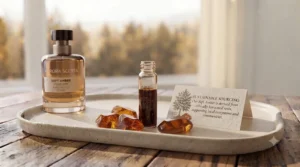 Botanical illustration highlighting sustainable and ethically sourced ingredients used in crafting soft amber perfume.