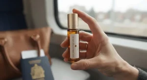 A portable travel-size soft amber rollerball perfume oil held in hand, convenient for daily commutes and travel.