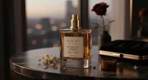 The unboxing experience of a premium luxury powdery amber perfume in an eco-friendly presentation box.