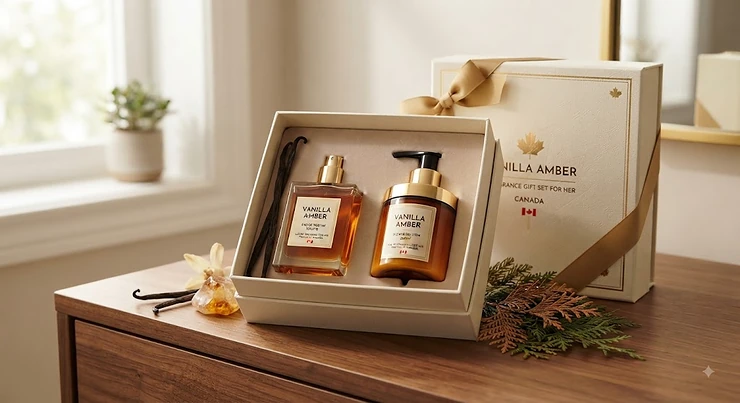 Luxurious vanilla amber fragrance set presented as an elegant gift for her