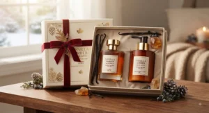 Holiday-themed vanilla amber fragrance gift set for her, ready for Canadian winters