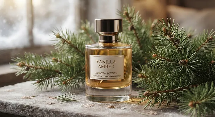 A luxury bottle of vanilla amber perfumes displayed among fresh pine branches for a cozy Canadian winter scent.