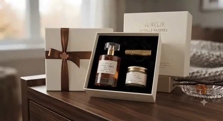 A sophisticated bottle of vanilla amber perfume for women on a rustic wooden table, popular in Canada.