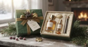 A beautifully wrapped holiday gift set featuring luxury vanilla amber perfumes, popular across Canada.