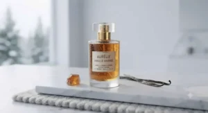 A woman applying vanilla amber perfume, showcasing a cozy Canadian lifestyle atmosphere.