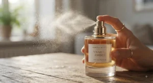 A fine mist spraying from a sleek bottle of vanilla amber perfumes, highlighting its warm and long-lasting scent.