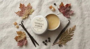 Elegant flat lay featuring a tin of vanilla amber solid perfume balm surrounded by subtle autumn-inspired botanical elements.