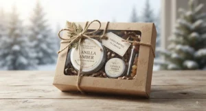 Beautifully packaged gift set containing a vanilla amber solid perfume balm, ideal for Canadian holiday gifting.