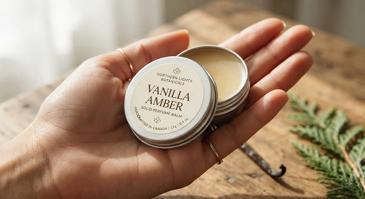 Close-up of a person holding a compact tin of Canadian-made vanilla amber solid perfume balm.