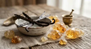 Natural vanilla beans and golden amber resin, key notes featured in popular vanilla amber perfumes.