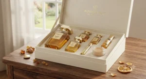 A complete powdery amber perfume gift set displaying multiple fragrance bottles with warm, golden undertones.