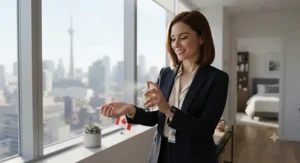 A professional woman lightly applying powdery amber perfume for office wear before heading out for her workday in downtown Toronto.