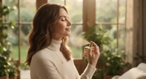 A woman applying a gentle spritz of soft amber perfume, showcasing a natural, elegant lifestyle.
