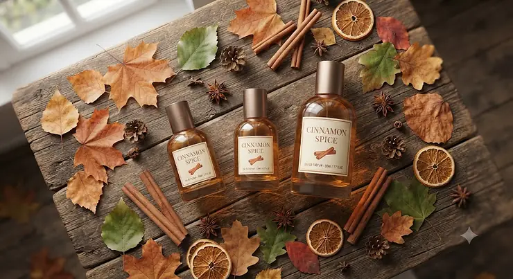 A flat lay of affordable cinnamon spice perfume bottles styled with autumn leaves and cinnamon sticks on a rustic wooden table.