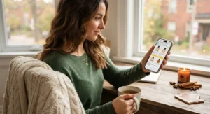 A shopper browsing for affordable cinnamon spice perfume online in Canada using a smartphone next to a cozy knit sweater.