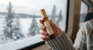 A convenient travel-size bottle of affordable cinnamon spice perfume held in hand, perfect for on-the-go freshness during Canadian winters.