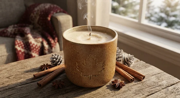 Artisanal soy wax candle from a cinnamon spice fragrance gift set, perfect for cozy winter evenings across Canada