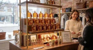 A curated collection of artisanal saffron oriental perfume for women displayed in a Canadian boutique.