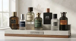 A curated collection of top-rated cardamom perfume for men bottles showcased against a minimalist studio background.