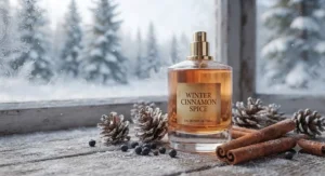 An elegant perfume bottle symbolizing the best warm cinnamon spice perfume for cold Canadian winters, accented with pinecones.