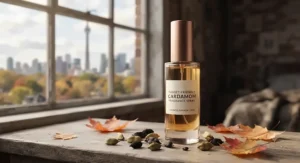 An illustration of a budget-friendly cardamom fragrance spray bottle set against a soft autumn backdrop in Toronto.