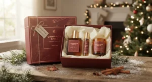 A budget-friendly cinnamon spice perfume gift set packaged in a sleek box, ideal for holiday gifting across Canada.