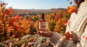 Someone holding a bottle of cinnamon spice perfume for fall against a backdrop of vibrant Canadian fall foliage.