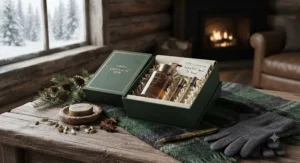 A cozy winter-themed scene featuring a sophisticated cardamom fragrance gift for him on a rustic backdrop.