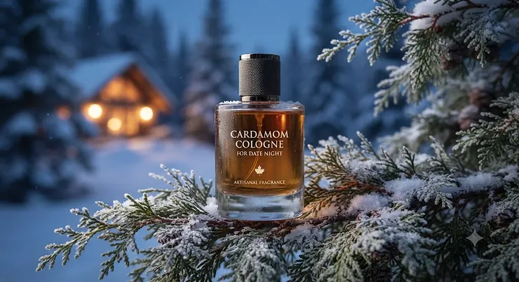 A sleek bottle of cardamom cologne for date night resting on a frosted cedar branch, capturing a cozy Canadian winter evening ambiance.