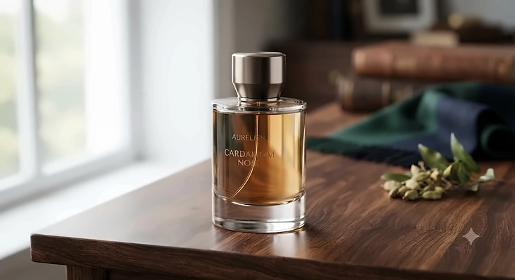 A sleek luxury cologne bottle showcasing a rich cardamom fragrance gift for him, displayed on a wooden surface.