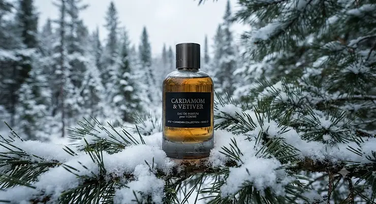 A luxury bottle of cardamom perfume for men resting against a snowy pine branch in a Canadian winter setting.