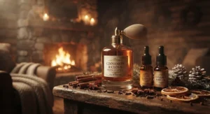 A collection of rich winter scents highlighting warm cinnamon spice perfume for winter beside a glowing fireplace.