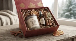 Cinnamon spice fragrance gift set accented with dried orange slices and cinnamon sticks for a Canadian seasonal aroma
