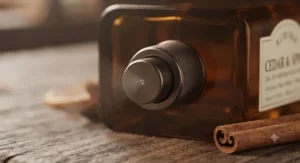 Close-up shot of the spray nozzle on a luxury bottle of cinnamon spice perfume for men