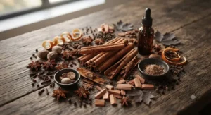Flat lay of cinnamon sticks and warm spices used in cinnamon spice perfume for men