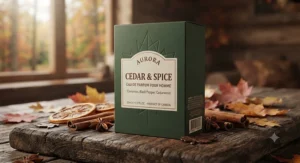 Sleek product packaging box for cinnamon spice perfume for men displaying fragrance notes and branding