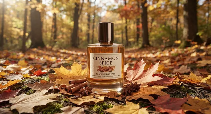 A glass bottle of cinnamon spice perfume for fall resting on golden autumn leaves in a Canadian forest. cinnamon spice perfume for fall