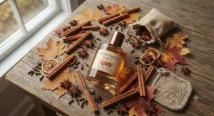 A flat lay display of a cinnamon spice perfume for fall surrounded by cinnamon sticks and star anise.