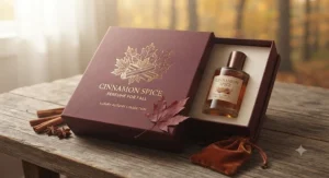 Elegant gift box packaging for a luxury cinnamon spice perfume for fall ideal for the autumn season.