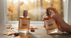 A close-up shot of a cinnamon spice perfume for fall spraying a fine fragrance mist into the autumn air.